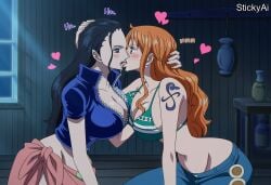 2girls ai_generated anime_coloring bedroom black_hair blue_eyes brown_eyes female female_only huge_breasts indoors large_breasts long_hair mature_female nami_(one_piece) nico_robin night one_piece orange_hair shiny_skin stickyai yuri