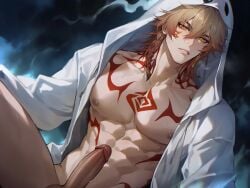 abs ai_generated amber_eyes anime blonde_hair cock dick earrings effects ghost_costume hairstyle honkai:_star_rail muscular_male mydei_(honkai:_star_rail) nijichara_(artist) nipples penis red_highlights red_tattoo red_tip veiny_penis