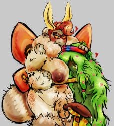 anthro big_blue_bubble epic_boo'qwurm fat futa_on_futa futa_only futanari hugging jq.8 knotted_penis large_breasts moth my_singing_monsters rooba