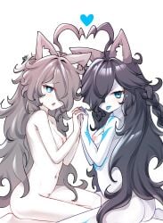 2girls absurdres ahoge animal_ears ass black_hair blue_eyes blue_tongue blush breasts cat_ears colored_tongue completely_nude grey_hair hair_over_one_eye heart highres holding_hands kasli_(nyanko_daisensou) kasli_the_bane kasli_the_scourge long_hair looking_at_viewer multiple_girls navel nipples nude nyanko_daisensou one_eye_covered rak_rak_yee signature small_breasts source_request the_battle_cats tongue tongue_out white_background