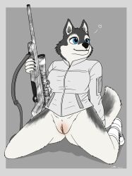 absurd_res anthro blush body_blush boots bottomless breasts canid canine canis clitoris clothed clothing domestic_dog female fish_birb footwear fur furry furry_only genitals gun heart hi_res husky jacket kneeling mammal nordic_sled_dog partially_clothed pussy pussy_blush ranged_weapon rifle siberian_husky slightly_chubby sniper_rifle solo spitz spread_legs spreading tail topwear weapon