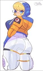 apex_legends ass belt big_ass big_breasts big_butt big_hips big_thighs blue_eyes blush bottom_heavy breasts breasts_out bubble_ass bubble_butt bursting_breasts eyebrows_visible_through_hair gigantic_ass gigantic_butt jumpsuit looking_at_another simple_background stretched_clothing thick thick_ass thick_hips thick_legs thick_thighs tight_clothes tight_clothing tights unknown_artist viewed_from_behind wattson_(apex_legends)
