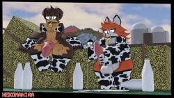 1girls 2boys 2femboys 3d anthro brown_fur canine clothed_female_nude_male cow_print cum farm floppy_ears fox furry furry_only hay_bale male/female masturbating milk milk_bottle nekomaniaa roblox roblox_avatar robloxian self_upload snow_leopard tagme