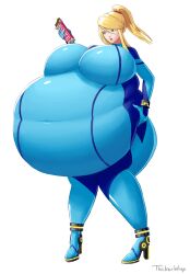 1girls bbw belly big_belly big_breasts bodysuit breasts clothing cubby fat female female_only huge_belly huge_breasts hyper_belly light-skinned_female light_skin metroid nintendo obese overweight samus_aran solo solo_female standing thickerwasp weight_gain white_background zero_suit_samus