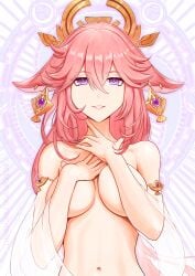 animal_ears bangs breasts collarbone covering covering_breasts detached_sleeves earrings female female floppy_ears fox_ears genshin_impact glint grin hair_between_eyes hair_ornament jewelry long_hair looking_at_viewer medium_breasts navel nude pink_hair pink_lips purple_eyes revenantart see-through see-through_sleeves smile solo upper_body watermark web_address yae_miko