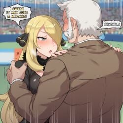 absurd_res absurdres ai_generated between_legs between_thighs blonde_hair blush color commentary competitive_sex cynthia_(pokemon) darklust dialogue english english_commentary english_dialogue english_text female gamefreak grabbing grey_eyes grinding hi_res high_resolution highres hug_from_behind human labcoat large_breasts legs_together motion_blur motion_lines nintendo novelai older_male older_male_and_younger_female outercourse penis_between_thighs pokemon pokemon_dppt professor_rowan public self_upload speech_bubble speed_lines stadium standing standing_sex sumata sweat tagme text thigh_gap thigh_sex thighs torso_grab uncensored