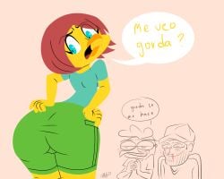 ass_focus beak blue_eyes blue_shirt chicken chicken_girl female female_focus gabriel_dangond green_shorts huerfano_producciones joe_rodher llon_(huerfano_producciones) looking_back no_outlines nose_bleed red_hair regue_chicken speech speech_bubble violeta_herrera