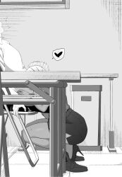 1boy absurdres afterimage chair commentary_request dark-skinned_female dark_skin female from_side ganguro greyscale gyaru heart highres implied_fellatio indoors leaning_back leaning_forward monochrome motion_lines nannann office_lady on_chair original pencil_skirt shoes sitting skirt spoken_heart squatting straight sweat table trembling