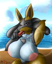 absurd_res anthro ass beach big_breasts blue_body blue_fur bodily_fluids breasts canid canine clothed clothing digital_media_(artwork) female female_lucario food fur hi_res huge_breasts innuendo licking looking_at_viewer lucario mammal neksu nintendo pokemon pokemon_(species) popsicle sea seaside sky smile solo sucking tongue tongue_out underwear video_games water