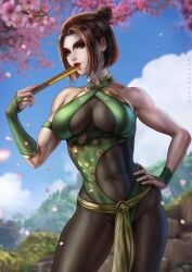 abs avatar_the_last_airbender big_breasts blue_eyes breasts brown_hair cleavage clothed clothing dandon_fuga facepaint female female_focus female_only fit fit_female kyoshi_warrior large_breasts looking_at_viewer makeup nickelodeon smile suki toned_female