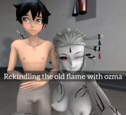 1boy1girl 3d big_breasts blush body_markings breasts caption embarrassed female grey_nipples hair_ornament imminent_sex large_breasts looking_at_viewer mature_female naked nipples one_eye_closed oscar_pine pose red_eyes rwby salem_(rwby) self_shot selfie snapchat topless_male wink winking_at_viewer