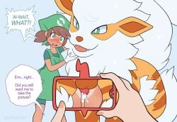 1girls 1pokemon arcanine balls bodily_fluids cum cum_inside dialogue duo embarrassed female feral gashamon_(artist) genital_fluids genitals human humanoid interspecies juxtaposition knot male male/female mammal nintendo npc_trainer photo_comparison pokémon_trainer poképhilia pokemon pokemon_(species) pokemon_breeder_(pokemon) pokephilia pussy rotom rotom_phone ruined_reputation scratches suntan tan_line video_games zoophilia