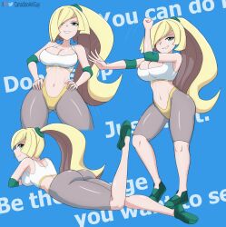 80's_theme ass athletic big_ass blonde_hair breasts canadiananiguy cleavage green_eyes gym_clothes hair_over_one_eye huge_ass large_breasts long_hair looking_at_viewer lusamine_(pokemon) lying_down lying_on_stomach mature mature_female mature_woman milf mother nintendo nintendo_moms_animation_(minus8) pokemon pokemon_sm ponytail shorts skintight smile spats sports_bra thick_thighs thighs very_long_hair wide_hips workout workout_clothes