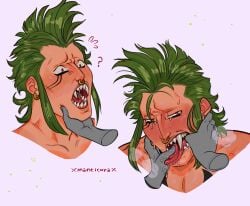 1boy artist_name bara bartolomeo big_teeth blush crying fangs flushed gay green_hair hand_in_mouth hand_on_mouth hazel_eyes male male_focus male_only mouth_play no_eyebrows one_piece red_eyes saliva tongue tongue_out white_background xmanticorax yaoi