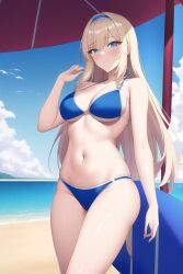 ai_generated alice_schuberg alluring bare_legs beach big_breasts bikini blonde_hair blue_eyes female nai_diffusion nightcore_(artist) ocean sea stable_diffusion sunshine sword_art_online