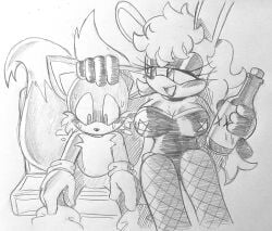 1boy 1girls alcohol bunnysuit icydirtball mobian_(species) older_female playboy_bunny sega sonic_(series) sonic_the_hedgehog_(series) tails wine younger_male