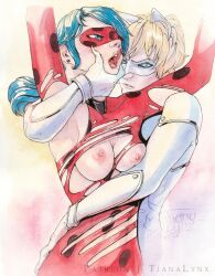 adrien_agreste arms_up arms_wrapped_around_partner breast_squish breasts breasts_outside cat_blanc cat_ears chat_blanc_(miraculous) domino_mask earrings ladybug_(character) marinette_cheng marinette_dupain-cheng mask miraculous_ladybug nipples ripped_clothing tianalynx torn_clothes