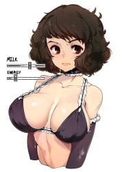 1girls 2022 atlus attribute_slider bikini_top blush breast_slider breasts brown_eyes brown_hair curly_hair female female_only hi_res huge_breasts maid maid_bikini persona persona_5 sadayo_kawakami sega short_hair simple_background slider slugbox white_background