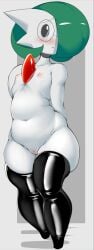 2022 absurd_res armor blush breastplate chubby_female chubby_humanoid clothing eyewear female fir3born flat_chested gardevoir genitals glasses green_hair hair hair_over_eye hands_behind_back hi_res humanoid legwear looking_at_viewer mammal mostly_nude nintendo nipples not_furry nub_feet one_eye_obstructed pokémon_(species) pokemon pokemon_(species) pussy shy simple_background solo thigh_highs video_games