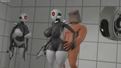 1boy 2girls 3d 3d_(artwork) 4k ass automated_turret big_ass big_breasts black_skin bodysuit breasts collar completely_nude crossover dark-skinned_male dark_skin glados glados_(central_core) gun helmet huge_ass huge_breasts human humanoid naked nude nude_female petplay portal_(series) portal_2 red_eyes robot robot_girl robot_humanoid sentry_turret sex soldier soldier_(team_fortress_2) soldierhunterm source_filmmaker standing_sex straight team_fortress_2 thick_thighs turret turret_(portal) turret_gal_(soldierhunterm) valve