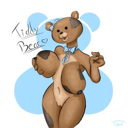 anthro anthrofied bear bear_girl big_breasts big_breasts bow bowtie breast_grab button_nipples buttons female_only furry hand_on_breast naked naked_female navel nipples nude nude_female simple_background solo solo_female teddy_bear