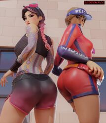 1girls 2girls ass beach_jules black_nails butt clothed clothing dat_ass epic_games fingernails fortnite fully_clothed jules_(fortnite) looking_at_viewer looking_back looking_back_at_viewer multiple_girls nail_polish petite presenting_ass redtemple sun_strider sunstrider_(fortnite)