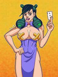 1girls bandaid big_breasts card covered_nipples dress gilf higashikata_kaato holding_object jojo's_bizarre_adventure jojolion lipstick long_hair melloyman nail_polish partially_clothed posing solo solo_female