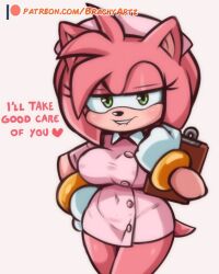 1girls amy_rose anthro bedroom_eyes big_breasts biting_lip blush brachyzoid breasts clipboard clothed clothing dialogue english_text female fur furry furry_only gloves green_eyes heart looking_at_viewer nurse nurse_cap nurse_uniform pink_hair sega solo sonic_(series) tagme tail text thick_thighs