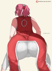 1girls alternate_ass_size alternate_hairstyle artist_name ass ass_focus back_view bent_knees bent_over big_ass boruto:_naruto_next_generations bubble_ass bubble_butt cameltoe clothing dat_ass dress fat_ass female female_only forehead_protector from_behind fully_clothed green_eyes hairband hell904 huge_ass large_ass light-skinned_female light_skin lipstick long_hair looking_at_viewer looking_back makeup mature mature_female milf naruto naruto:_the_last naruto_(series) parted_lips pink_hair red_dress red_hairband round_ass sakura_haruno sleeveless sleeveless_dress solo solo_focus spread_legs standing text thick_ass tight_clothes tight_clothing tight_pants url web_address white_pants