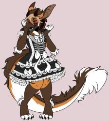 bashful blush claws clothed clothing crossdressing curved_horns dress feminine_male fluffy_tail frilly frilly_clothing horns knees_together kobold lace long_tail looking_at_viewer maid maid_uniform male male_only multi_eye open_mouth ribbons ribr0t shooks shy_expression skull_mask standing tail