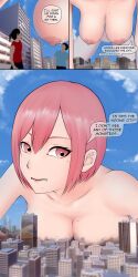 absurdres blue_sky boober3117 breast_press breasts chiho_johansson city destruction giant giantess gigant hanging_breasts highres huge_breasts large_breasts mole mole_on_breast mole_under_eye mole_under_mouth nipples pink_eyes pink_hair sky