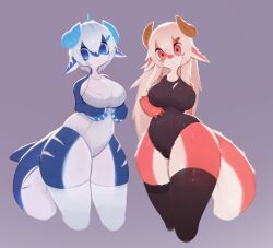 2_horns 2girls 3_fingers 4_fingers accessory anthro big_breasts black_clothing black_legwear black_stockings black_swimwear blue_body blue_eyes blue_skin breasts claws clothed clothing cute digital_media_(artwork) dragon duo female fingers fish fur furred_dragon hair hair_accessory hi_res horn horns hybrid jewelry legwear leotard long_hair looking_at_viewer marine non-mammal_breasts one-piece_swimsuit red_body red_eyes shark short_hair simple_background soda_(soda_uyu) soda_uyu stockings swimwear thigh_highs thighhighs white_body white_clothing white_hair white_legwear white_stockings white_swimwear