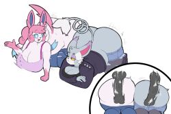 2girls bbw big_ass big_breasts breasts bubble_butt casual_sex chubby digitalpelican disembodied_penis doggy_style eeveelution multiple_girls on_all_fours pants_down pokémon_(species) pokemon pokemon_(species) pokemon_only purugly sylveon tagme