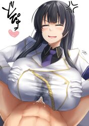 1boy 1girls anger_vein azk_ibr2nd big_breasts black_hair closed_eyes clothed_female_nude_male cum cum_through_clothes heart ikaruga_(senran_kagura) light-skinned_female light-skinned_male light_skin paizuri paizuri_under_clothes purple_tie senran_kagura tie