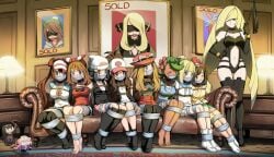 12girls 6+girls 9girls arms_behind_back arms_tied_behind_back astolfo_(fate) auction ball_gag barefoot blindfold blonde_hair blue_hair bondage bound bound_ankles bound_arms bound_legs bow_in_hair breasts brown_hair collar couch cynthia_(pokemon) dawn_(pokemon) dominatrix double_bun eudetenis fate_(series) female female_only femdom femsub flogger flower_in_hair gag gagged gloria_(pokemon) green_hair gym_leader harem hat hilda_(pokemon) holding_whip human legs_together leotard lillie_(pokemon) long_hair lusamine_(pokemon) mallow_(pokemon) may_(pokemon) may_(pokemon_oras) medium_breasts milf mother_and_daughter multiple_girls multiple_subs nintendo no_shoes pale_skin pokemon pokemon_bw pokemon_bw2 pokemon_dppt pokemon_oras pokemon_sm pokemon_ss pokemon_xy ponytail restrained rope_bondage rosa_(pokemon) selene_(pokemon) serena_(pokemon) sex_slave sitting sitting_on_couch skyla_(pokemon) slave slave_auction slave_market small_breasts smiling socks standing submissive_female take_your_pick tape_bondage tape_gag taped_ankles taped_legs taped_mouth tied_up whip