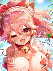 animal_ear_fluff animal_ears animal_hands apple_caramel bell bikini blush breasts cat_paws character_name cleavage collar cute fate/grand_order fate_(series) female fox_ears fox_girl gloves hair_ribbon heart highres jingle_bell large_breasts long_hair looking_at_viewer nature neck_bell oerba_yun_fang one_eye_closed outdoors paw_gloves paws pink_hair ponytail red_ribbon ribbon side-tie_bikini skin_fang solo swimsuit tamamo_cat yellow_eyes