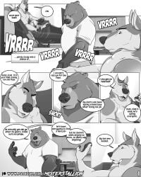 canid canine canis cleaning_tool clothing comic english_text hi_res male male/male mammal misterstallion monochrome shirt text topwear ursid vacuum_cleaner wolf