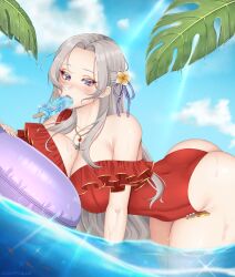 1girls absurdres alternate_breast_size alternate_costume ass bare_shoulders bent_over big_ass blush breasts cleavage cloud cryptid_crab eating edelgard_von_hresvelg edelgard_von_hresvelg_(summer) fire_emblem fire_emblem:_three_houses fire_emblem_heroes flower food gold_trim hair_flower hair_ornament highres ice_cream large_breasts leaf looking_at_viewer nintendo ocean official_alternate_costume one-piece_swimsuit popsicle purple_eyes red_swimsuit sky swimsuit white_hair