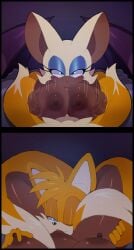 aged_up bat dark-skinned_female dark_skin fox larger_male older_female paizuri rouge_the_bat sonic_(series) sonic_the_hedgehog_(series) squish_(artist) tails younger_male