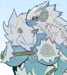 1girls anthro belt big_breasts blue_skin bra braid braided_hair breasts covered_nipples ear_piercing female furry luxray lycanroc pelt pokemon pokemon_(species) red_eyes scar sirevisconde tagme white_fur white_hair yellow_eyes