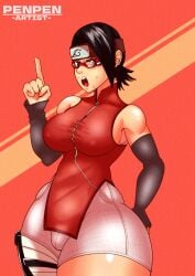 1girls alternate_version_available armwear bandage bandaged_leg big_breasts black_eyes black_hair boruto:_naruto_next_generations busty cameltoe clothed clothing curvaceous curvy curvy_figure elbow_gloves erect_nipples erect_nipples_under_clothes female female_focus female_only forehead_protector fully_clothed glasses headband hourglass_figure large_breasts light-skinned_female light_skin looking_at_viewer naruto naruto_(series) nipple_bulge open_mouth penpen_(artist) perky_breasts pinup pose posing sarada_uchiha short_hair shorts shounen_jump sleeveless_shirt solo solo_female solo_focus standing sweat sweatdrop thick_thighs thighs tight_clothing voluptuous wide_hips