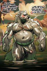 2022 absurd_res anthro balls barazoku belly biceps big_belly big_muscles blaidd_(elden_ring) blush canid canine canis cloud dialogue elden_ring english_text erection eyebrows flustered fromsoftware front_view fur genitals grass heart hi_res huge_muscles humanoid_genitalia humanoid_penis imminent_masturbation kamudragon male male_only mammal melee_weapon motion_lines musclegut muscular muscular_anthro muscular_male navel nipples nude outside overweight overweight_anthro overweight_male partially_submerged pecs penis plant pond rock scar sky solo standing sword teeth text thick_thighs throbbing throbbing_penis tree tuft url vein veiny_muscles video_games walking water weapon wolf