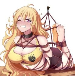 1girls bagelbomb big_breasts blonde_hair blush bondage bound breasts clothing collar curvy feet female long_hair one_eye_closed one_sock purple_eyes rope rope_bondage rwby solo solo_female struggling thick_thighs thighs toes yang_xiao_long yellow_hair