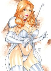 1girls big_breasts blonde_eyebrows blonde_hair blue_eyes breasts cape cleavage corset elberty-oliviera elberty_(artist) elbow_gloves emma_frost female female_only fur-trimmed_cape gloves highleg highleg_thong holding_object holding_riding_crop lipstick makeup marvel marvel_comics mound_of_venus navel pink_lipstick pink_makeup pinup riding_crop solo solo_female thighhighs thighs thong traditional_media_(artwork) white_cape white_clothing white_corset white_elbow_gloves white_fur white_gloves white_queen white_thighhighs white_thong x-men