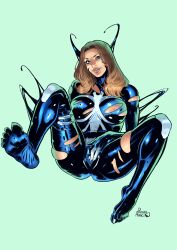 1girls brown_hair emilia_bellafont feet female female_only green_eyes light-skinned_female light_skin marvel masturbating rosita_amici she-venom spider-man_(series) straight_hair symbiote venom_(marvel)