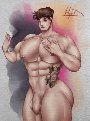 abs bara bara_tiddies bara_tits blue_eyes brown_hair commission commission_art earrings hyx.d male male_only muscles muscular muscular_arms muscular_thighs nipple_piercing tattoo watercolor_(artwork) watermark white_skin