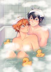 2boys ainudraws bangs bath bird black_eyes black_hair blue_eyes duck haikyuu!! highres hinata_shouyou kageyama_tobio looking_at_viewer male_focus multiple_boys nipples nude open_mouth orange_eyes orange_hair short_hair shoyo_hinata simple_background smile tobio_kageyama yaoi