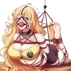 1girls bagelbomb ball_gag big_breasts blonde_hair blush bondage bound breasts clothing curvy drooling feet female gag long_hair one_eye_closed one_sock purple_eyes rope rope_bondage rwby solo solo_female source_request struggling suspension table thick_thighs thighs toes yang_xiao_long yellow_hair