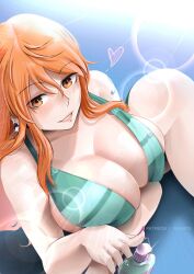 1girls big_breasts bikini breasts cleavage curvy female female_only long_hair looking_at_viewer nami one_piece orange_hair post-timeskip red_hair seductive smile solo striped_bikini vialnite