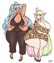 2022 2girls ass breasts cleavage curvaceous curvy duo duo_focus ear_piercing female_focus female_only heels hips huge_ass huge_breasts huge_thighs hyper hyper_ass hyper_hips hyper_thighs jojoniumart long_hair minari_(jojoniumart) mochi_(jojoniumart) overflowing_breasts pointy_ears shortstack simple_background thick_thighs thighs two_tone_hair underboob voluptuous white_background wide_hips